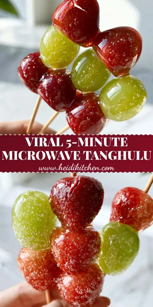 Tanghulu: The Ultimate Guide to Perfect Crystal-Clear Candied Fruit 4 Three Tanghulu skewers held in a hand featuring strawberries and green grapes with a crystal-clear sugar coating.