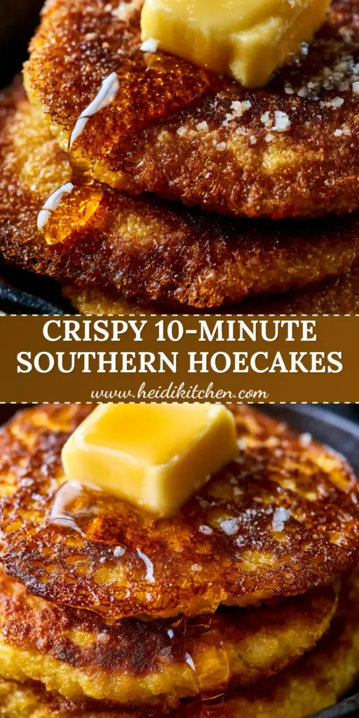 Hoecakes Recipe: The Crispiest Southern Cornbread Pancakes with Lacey Edges 4 A stack of three Southern hoecakes in a cast iron skillet with honey and butter. (hoecakes recipe)