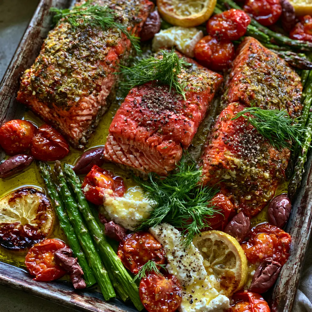 Mediterranean Baked Salmon Recipe with Blistered Tomatoes and Feta 1 Visual of blistered cherry tomatoes and caramelized lemons on a sheet pan. (Mediterranean Baked Salmon Recipe)