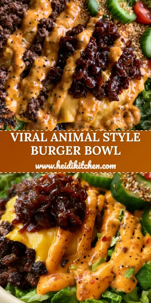 Burger Bowl Recipe: The Ultimate Gourmet Animal Style Feast 4 A close-up of a gourmet Animal Style burger bowl featuring seared ground beef, melted cheese, and jammy onions. (burger bowl)