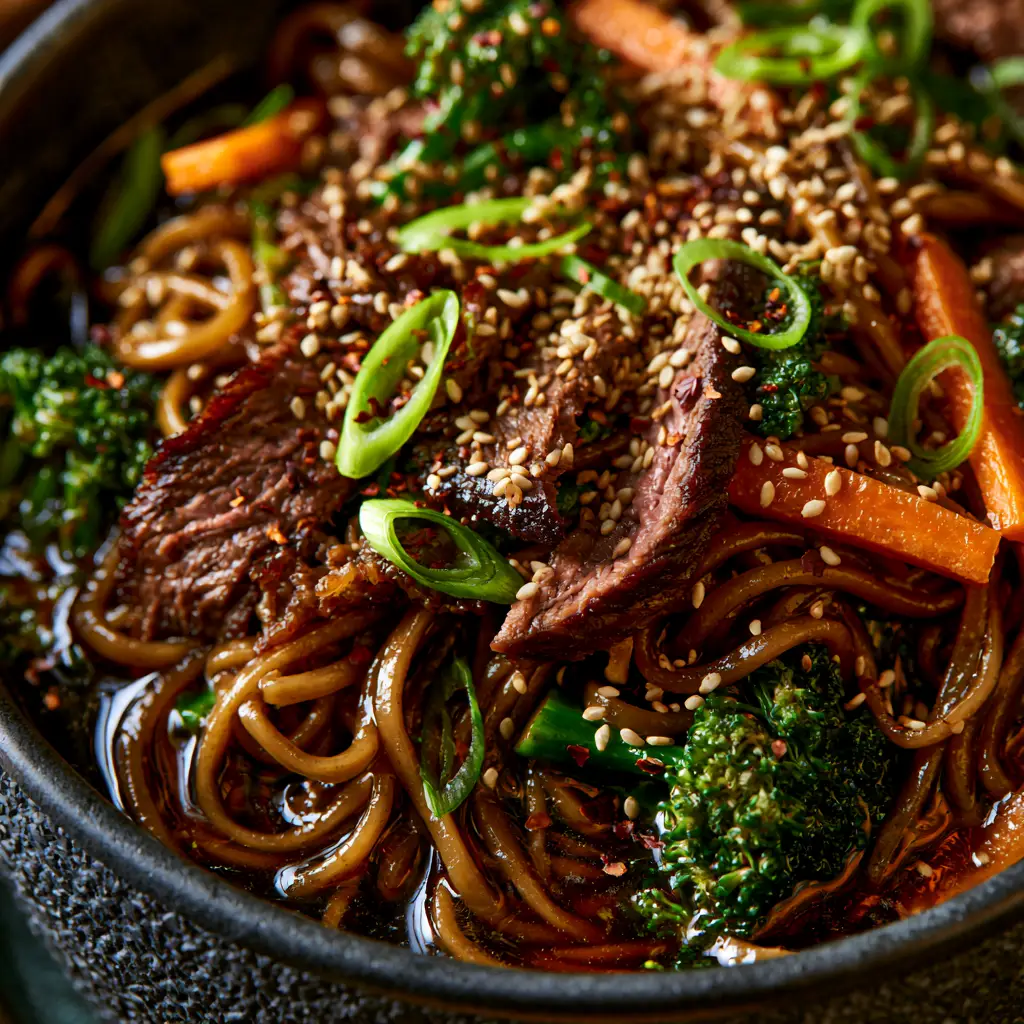 Asian Dinner Recipes: Master the Art of Caramelized Beef Lo Mein 1 Detailed shot of crisp broccoli and julienned carrots in a dark stir-fry sauce. (Asian dinner recipes)