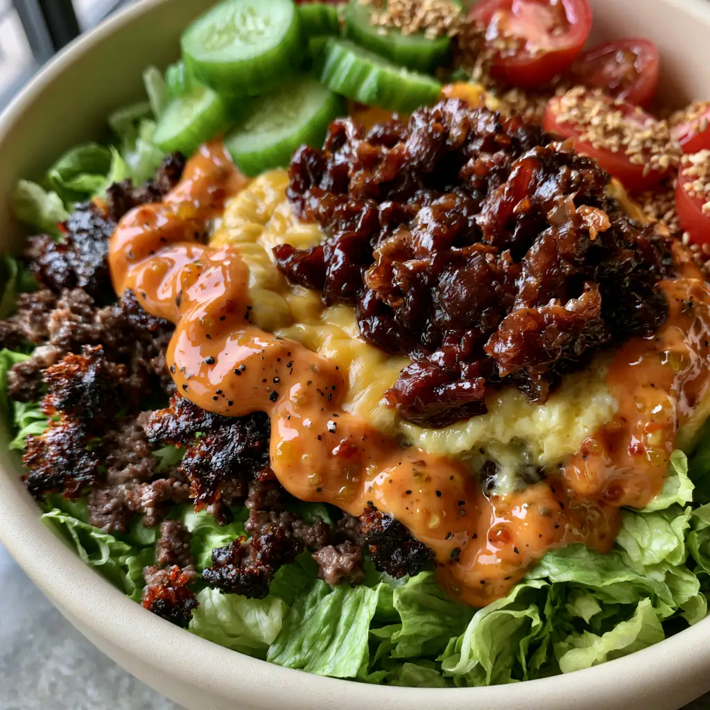 Burger Bowl Recipe: The Ultimate Gourmet Animal Style Feast 2 Extreme close-up overhead view of a gourmet Animal Style burger bowl in a matte cream bowl. (burger bowl)