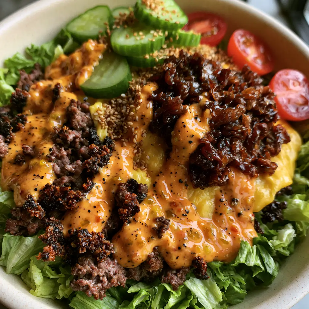 Burger Bowl Recipe: The Ultimate Gourmet Animal Style Feast 1 Detailed shot of thick orange secret sauce drizzled over seared beef and melted cheese. (burger bowl)