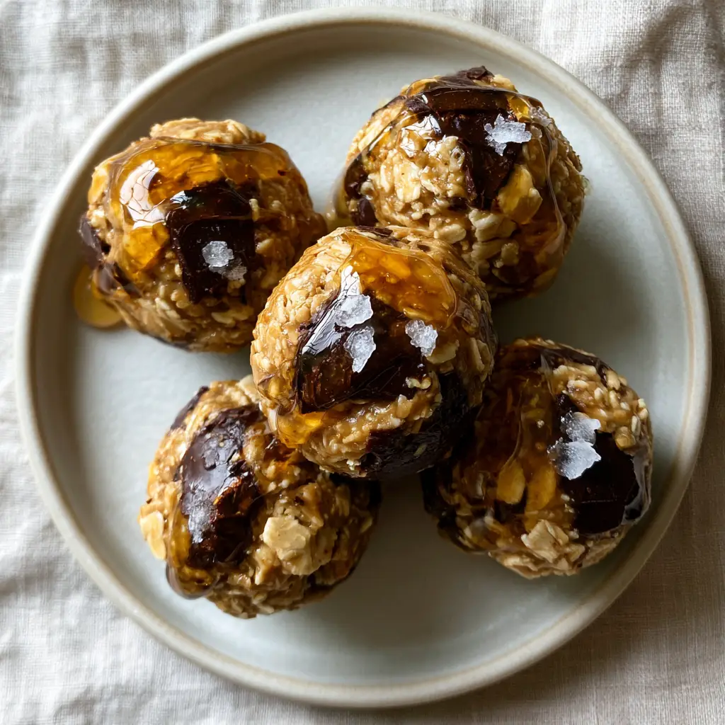 Gluten-free snack recipes: No-Bake Almond Butter and Dark Chocolate Oat Bites 2 Extreme macro close-up of five gluten-free snack recipes bites with honey drizzle and salt crystals.