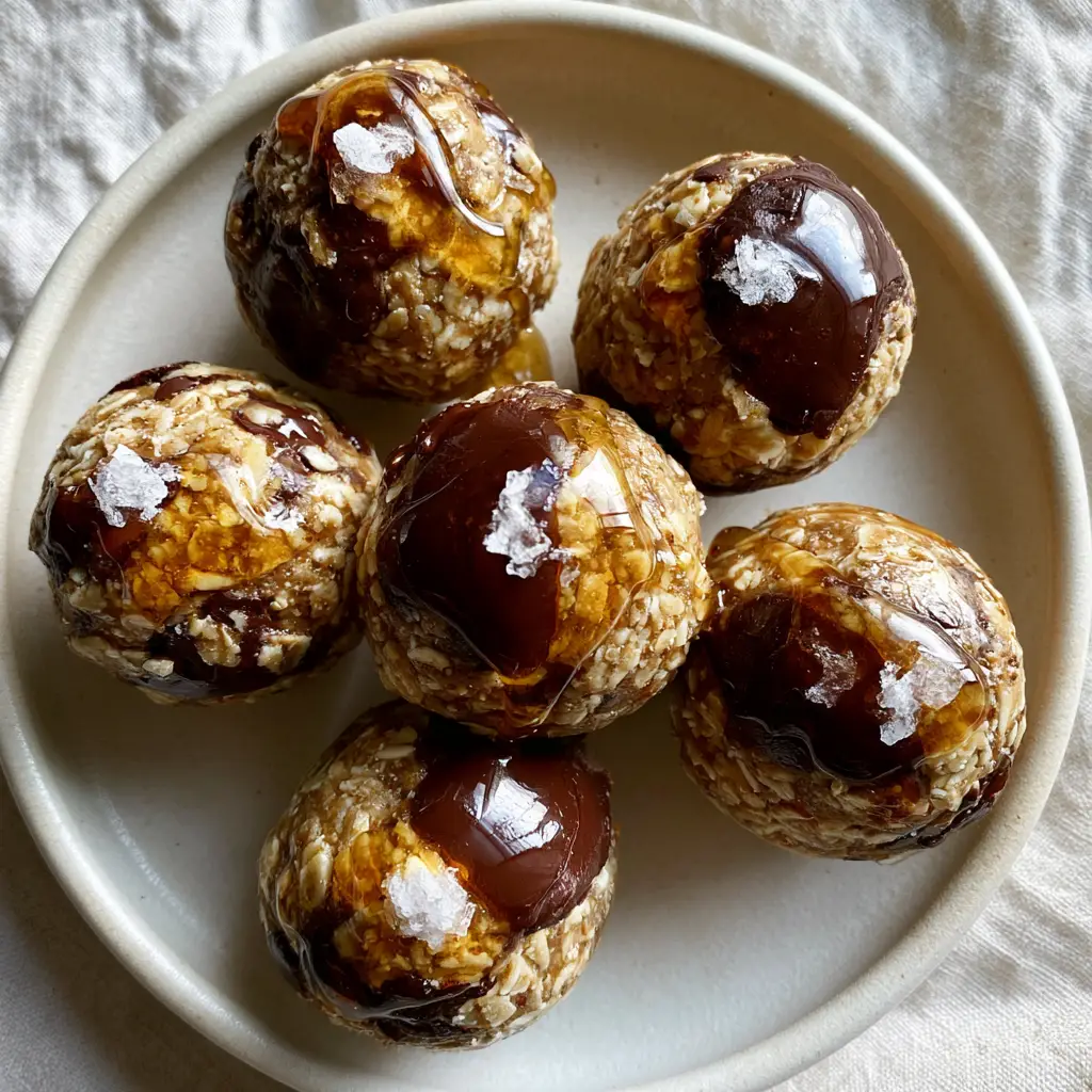 Gluten-free snack recipes: No-Bake Almond Butter and Dark Chocolate Oat Bites 1 Top-down view of five no-bake energy bites on an off-white ceramic plate with wrinkled linen.