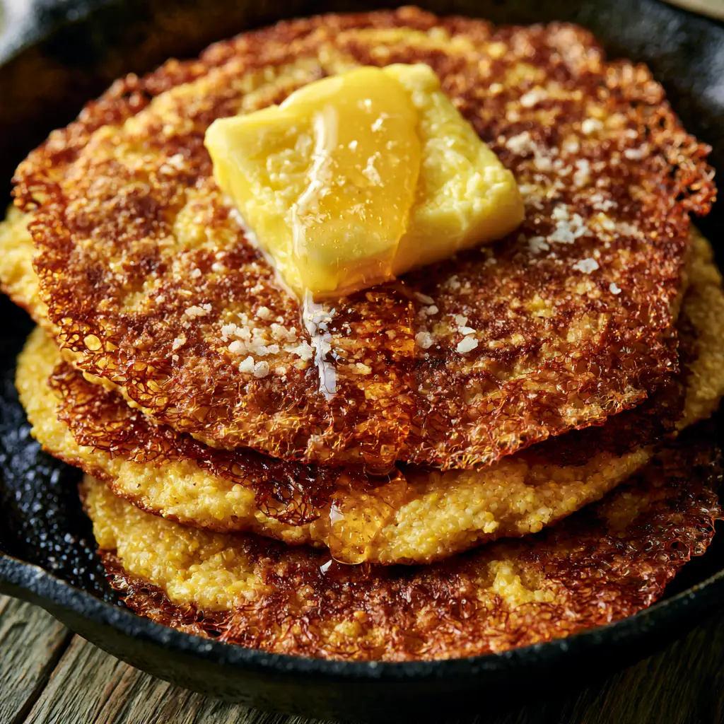 Hoecakes Recipe: The Crispiest Southern Cornbread Pancakes with Lacey Edges 1 Extreme close-up of melting butter and honey pooling on a hoecake. (hoecakes recipe)