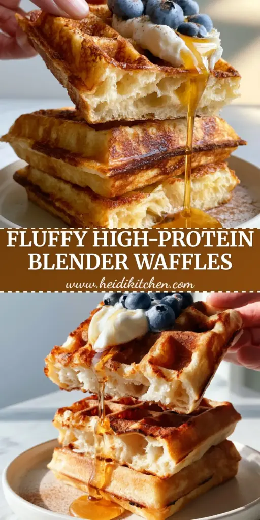 Greek Yogurt Waffles: The Secret to Crispy, Airy, and Protein-Packed Breakfasts 4 A stack of three thick Greek Yogurt Waffles on a white plate, topped with a dollop of yogurt, fresh blueberries, and maple syrup pour.