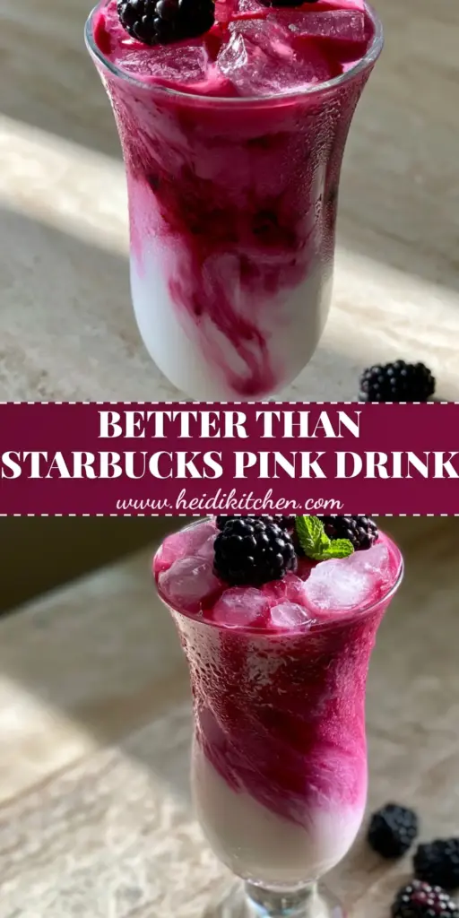 Blackberry Coconut Pink Drink: The Ultimate Creamy Ombre Refresher 4 A tall fluted glass featuring a vibrant magenta ombre swirl of the blackberry coconut pink drink, topped with fresh blackberries and mint.