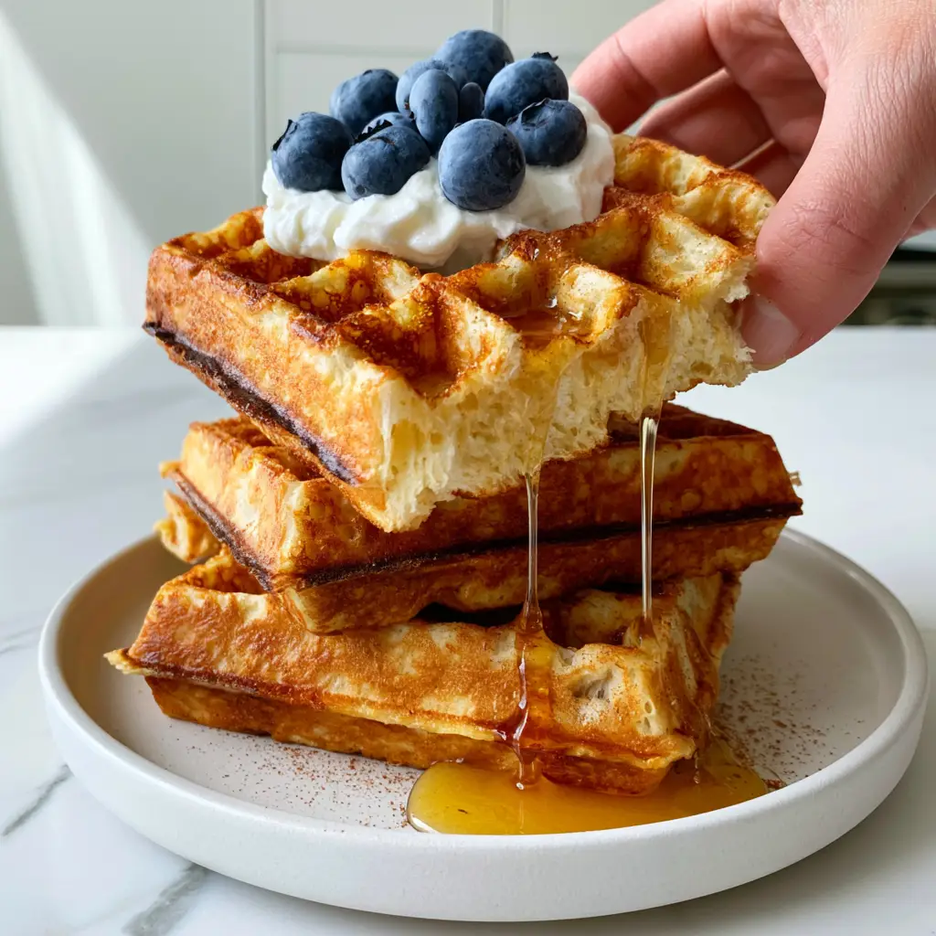 Greek Yogurt Waffles: The Secret to Crispy, Airy, and Protein-Packed Breakfasts 2 A hand pulling the top waffle from a stack of Greek Yogurt Waffles, showing a steaming interior and airy air pockets.