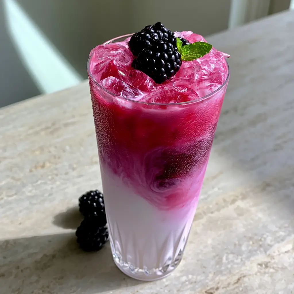 Blackberry Coconut Pink Drink: The Ultimate Creamy Ombre Refresher 2 Detailed view of the creamy coconut milk and magenta berry infusion layers in a blackberry coconut pink drink.