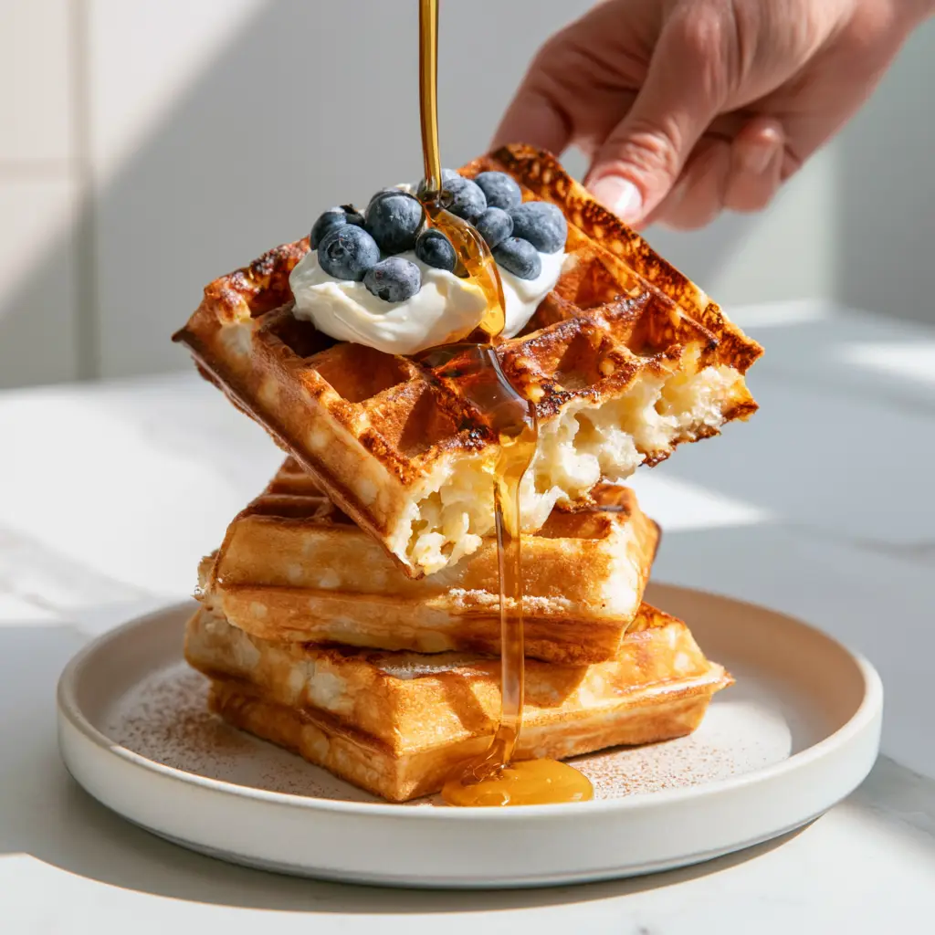 Greek Yogurt Waffles: The Secret to Crispy, Airy, and Protein-Packed Breakfasts 1 A close-up handheld shot of Greek Yogurt Waffles with golden edges, blueberries, and amber maple syrup on a marble surface.