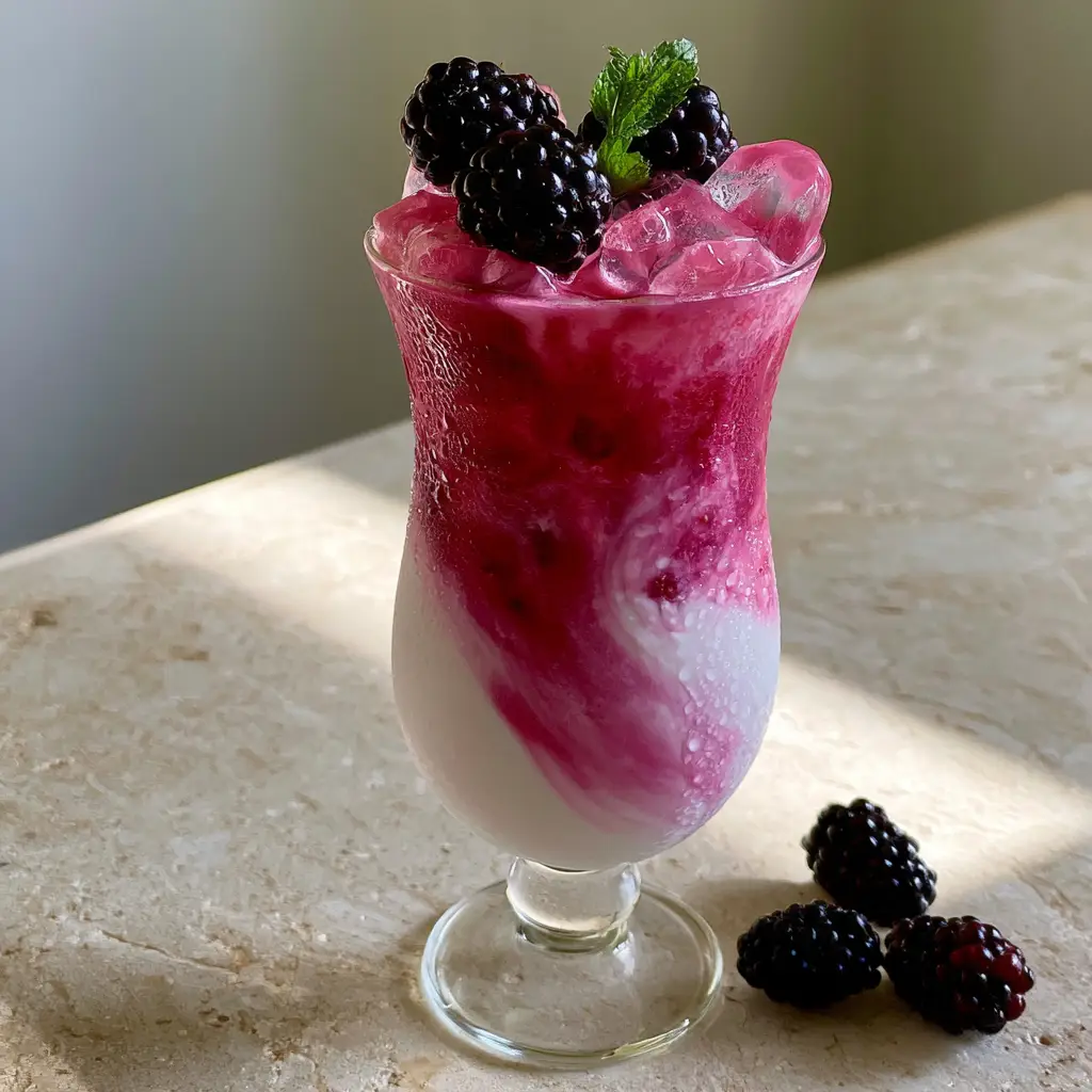 Blackberry Coconut Pink Drink: The Ultimate Creamy Ombre Refresher 1 Blackberry coconut pink drink on a stone countertop in soft morning sunlight with condensation on the glass.