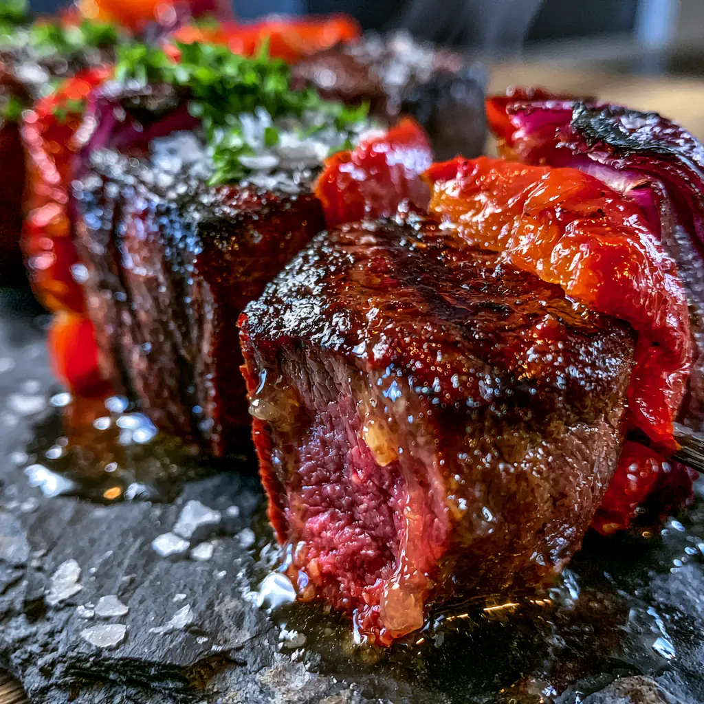 Steak Kabobs with Melted Garlic Butter and Blistered Peppers 2 Close-up of seared steak kabobs showing the pink medium-rare center and blistered peppers. (steak kabobs)