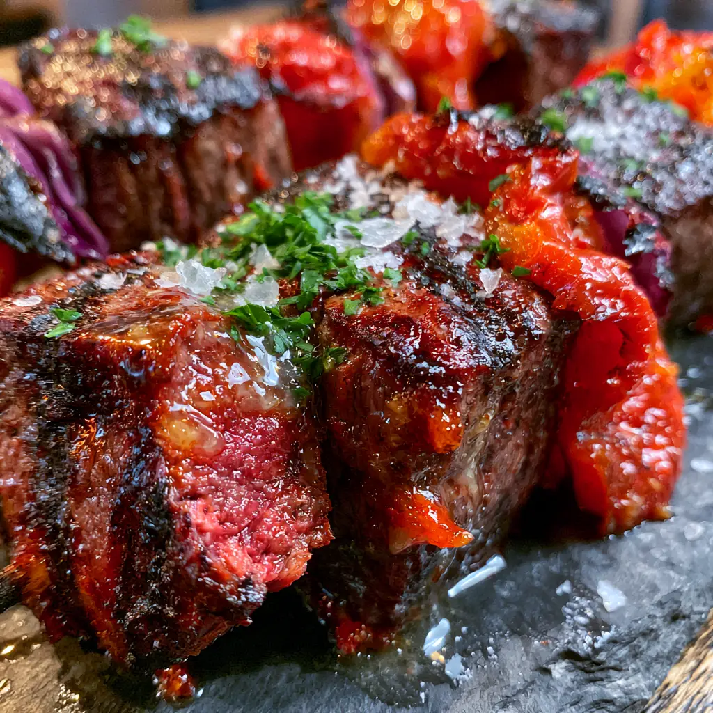 Steak Kabobs with Melted Garlic Butter and Blistered Peppers 1 Macro view of garlic butter dripping off caramelized steak kabobs with charred onions.