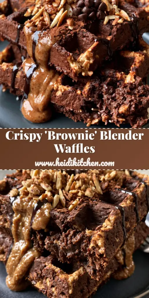 Chocolate Almond Oat Waffles: The Ultimate Rich and Crispy Flourless Breakfast 4 A tall stack of two thick chocolate almond oat waffles on a charcoal plate, drizzled with almond butter and dark chocolate, topped with slivered almonds and chocolate chips.