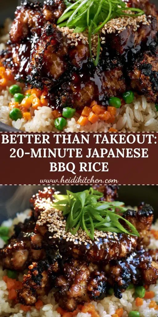 Japanese BBQ Chicken Fried Rice with Glossy Mahogany Yakiniku Glaze 4 A close-up of Japanese BBQ Chicken Fried Rice in a matte charcoal bowl, featuring glazed mahogany chicken chunks and bright green scallions.