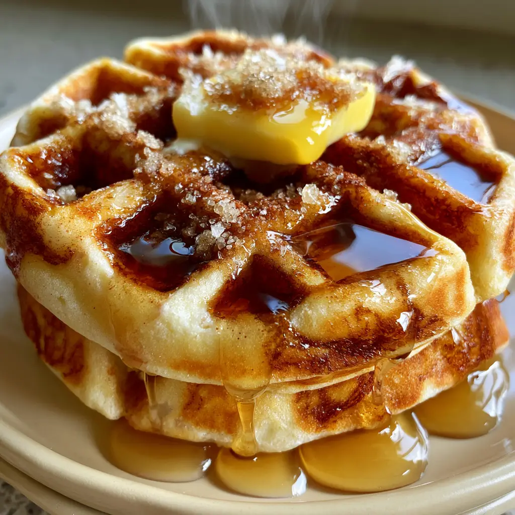 Cinnamon Brown Sugar Waffles with a Dark Amber Swirl 2 Extreme close-up of a stack of cinnamon brown sugar waffles on a matte cream ceramic plate with visible steam.