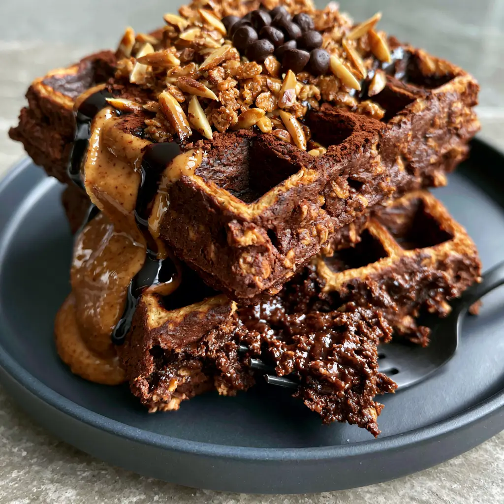 Chocolate Almond Oat Waffles: The Ultimate Rich and Crispy Flourless Breakfast 2 Close-up of chocolate almond oat waffles showing deep square pockets and a mahogany crumb with toasted edges.