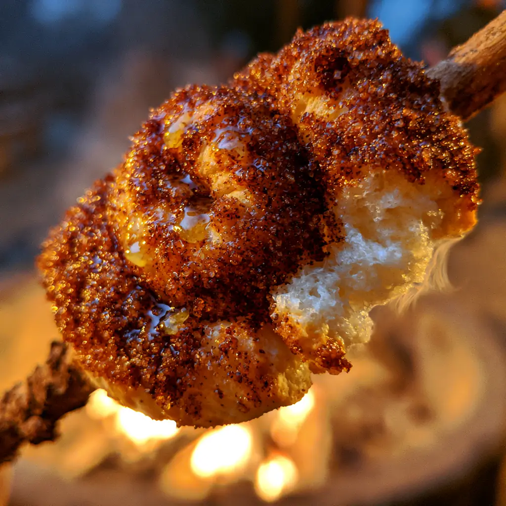 Brown Bears Campfire Snack: The Ultimate Fire-Roasted Sweet Treat 2 Close-up of a single Brown Bears campfire snack with glistening butter and sugar crystals against a blurred fire background. (Brown Bears campfire snack)