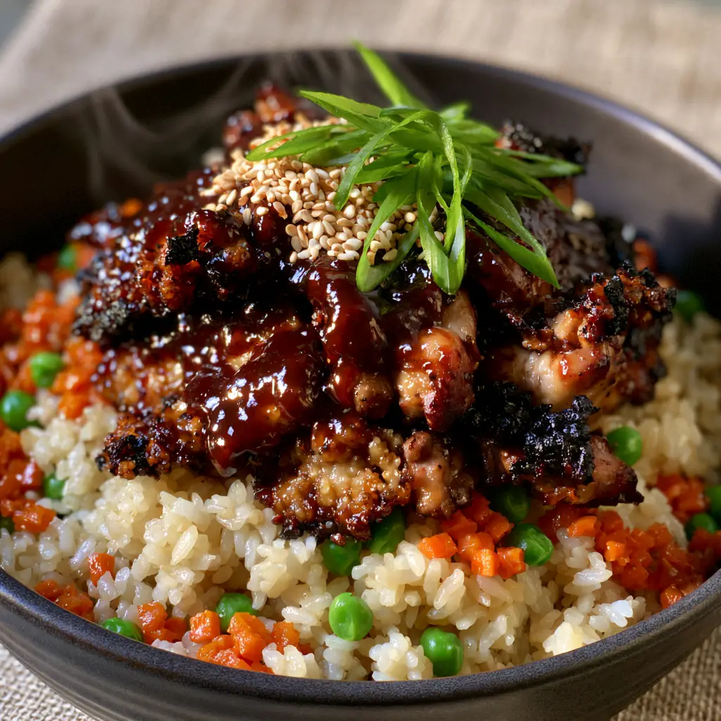 Japanese BBQ Chicken Fried Rice with Glossy Mahogany Yakiniku Glaze 2 Macro shot of seared chicken thigh chunks with crispy charred edges and a thick mahogany yakiniku glaze. (Japanese BBQ Chicken Fried Rice)