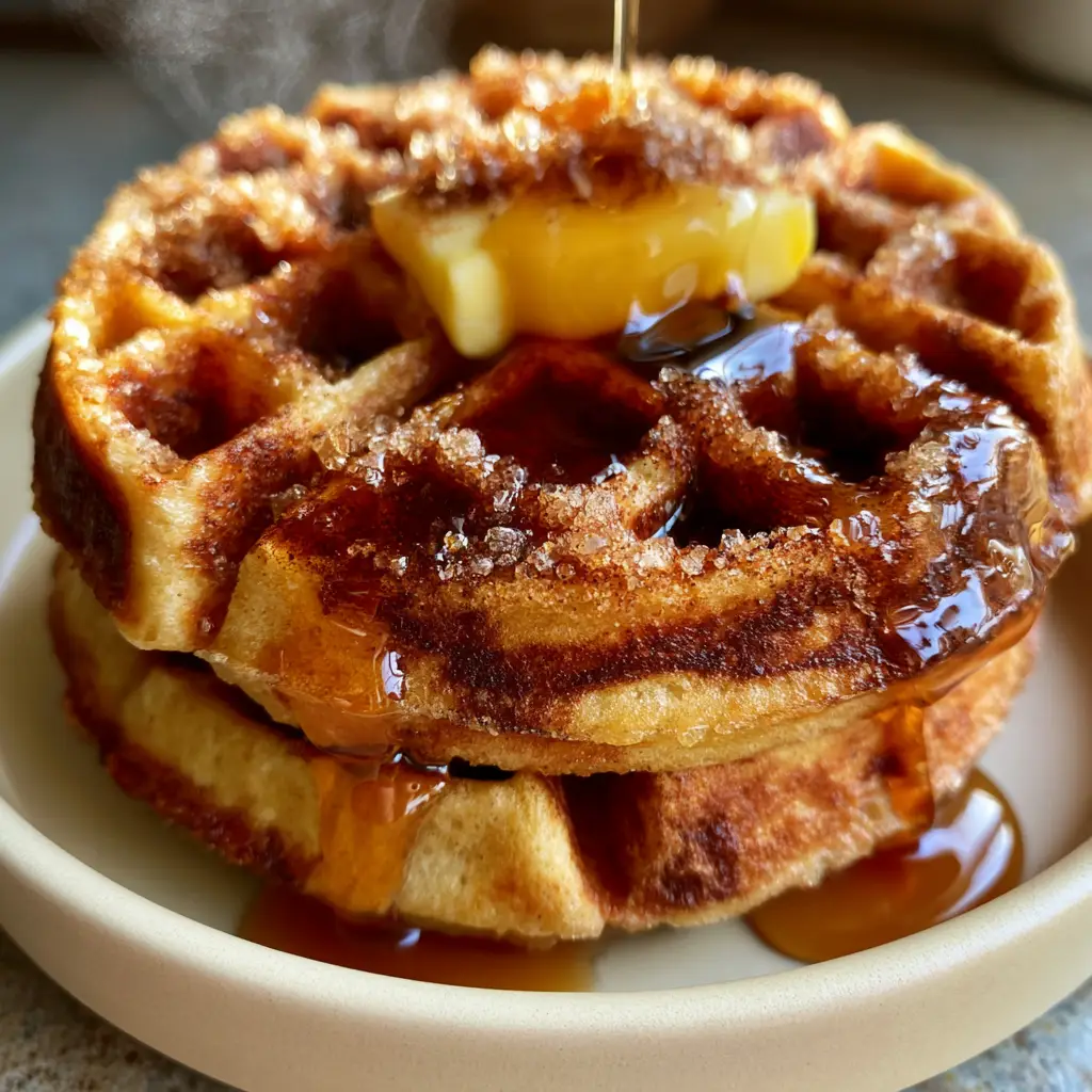 Cinnamon Brown Sugar Waffles with a Dark Amber Swirl 1 Golden-brown Belgian waffles featuring glossy maple syrup and coarse brown sugar crystals.