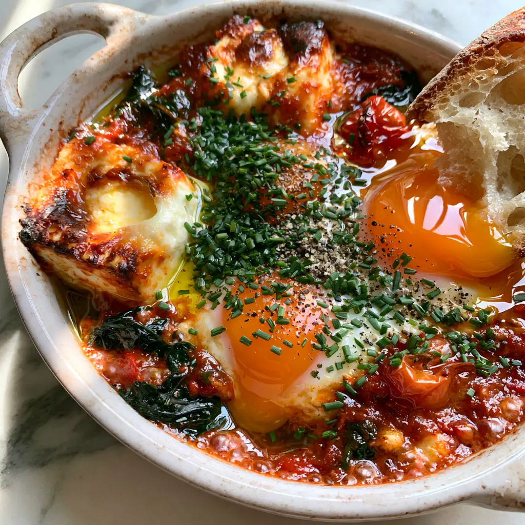 Mediterranean Baked Feta Eggs: The Ultimate One-Pan Brunch Experience 2 Close-up of bubbly tomato sauce and charred feta chunks in Mediterranean Baked Feta Eggs.