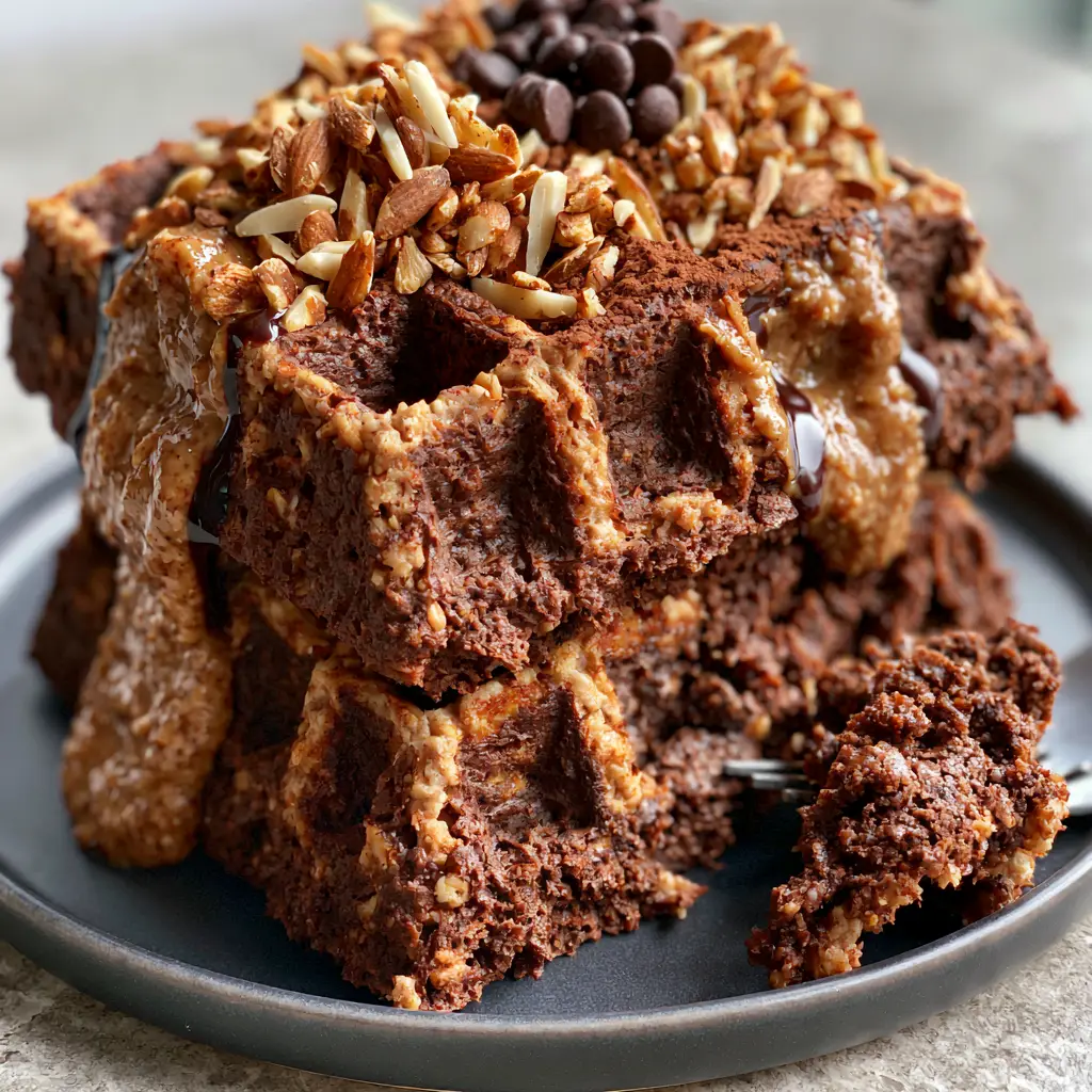 Chocolate Almond Oat Waffles: The Ultimate Rich and Crispy Flourless Breakfast 1 A stack of chocolate almond oat waffles with a glossy river of almond butter and a sprinkle of raw cocoa powder.
