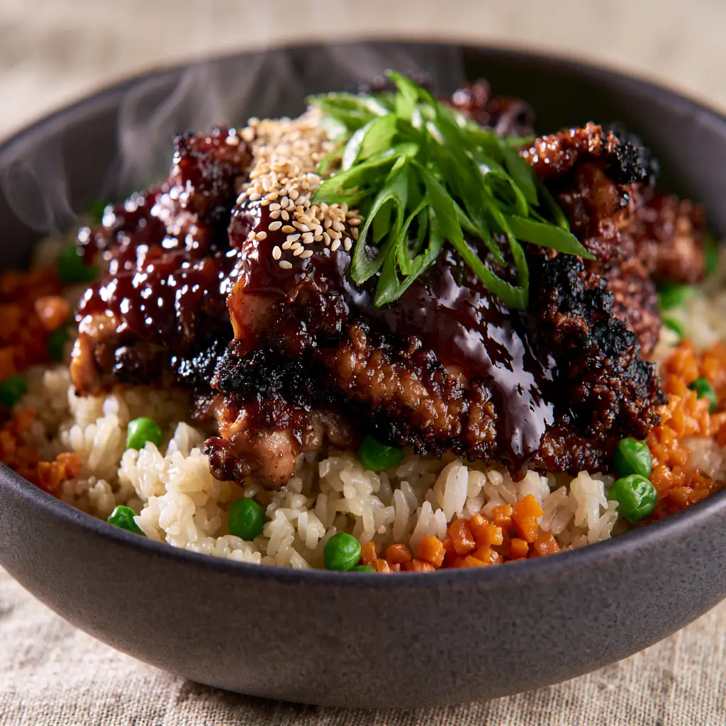 Japanese BBQ Chicken Fried Rice with Glossy Mahogany Yakiniku Glaze 1 A full view of the Japanese BBQ Chicken Fried Rice in a charcoal ceramic bowl, showing fluffy jasmine rice and vibrant peas. (Japanese BBQ Chicken Fried Rice)