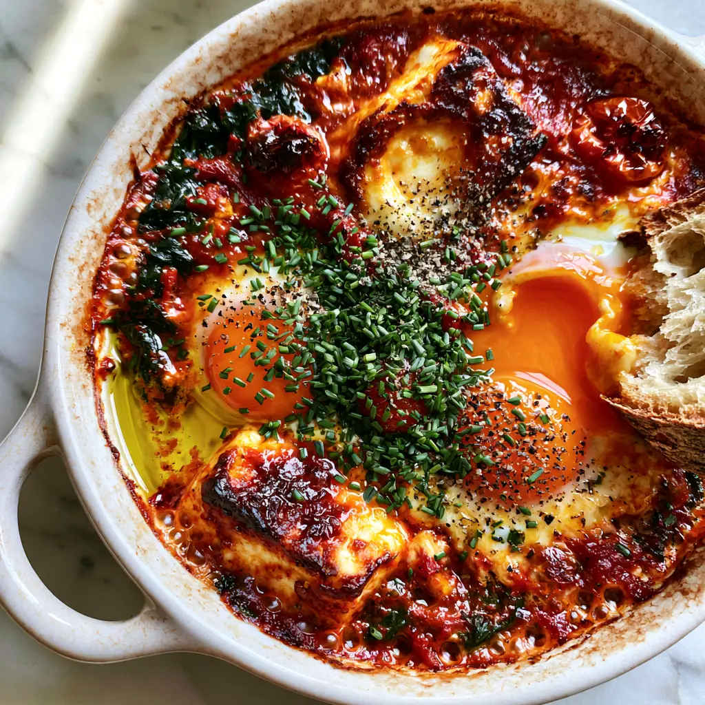 Mediterranean Baked Feta Eggs: The Ultimate One-Pan Brunch Experience 1 A piece of sourdough bread dipping into a runny egg yolk in a dish of Mediterranean Baked Feta Eggs.