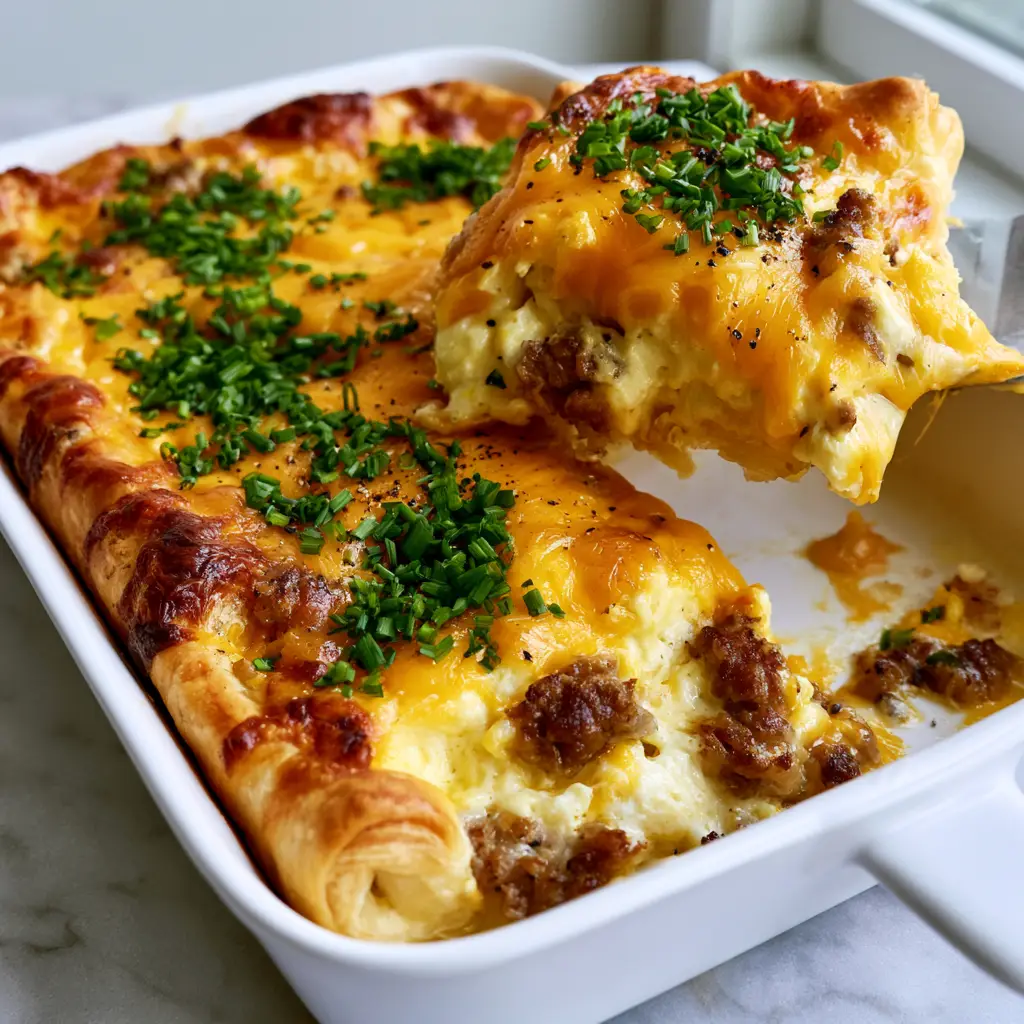 Team Breakfast Recipes: The Ultimate Buttery Crescent Roll Sausage Casserole 2 Macro close-up of bubbling sharp cheddar cheese and toasted edges on a breakfast bake. (team breakfast recipes)