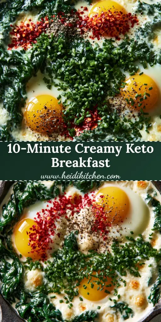 Creamy Spinach and Eggs in a Skillet: A 10-Minute Gourmet Breakfast 4 Top-down view of Creamy Spinach and Eggs in a black cast iron skillet with runny yolks and fresh chives.