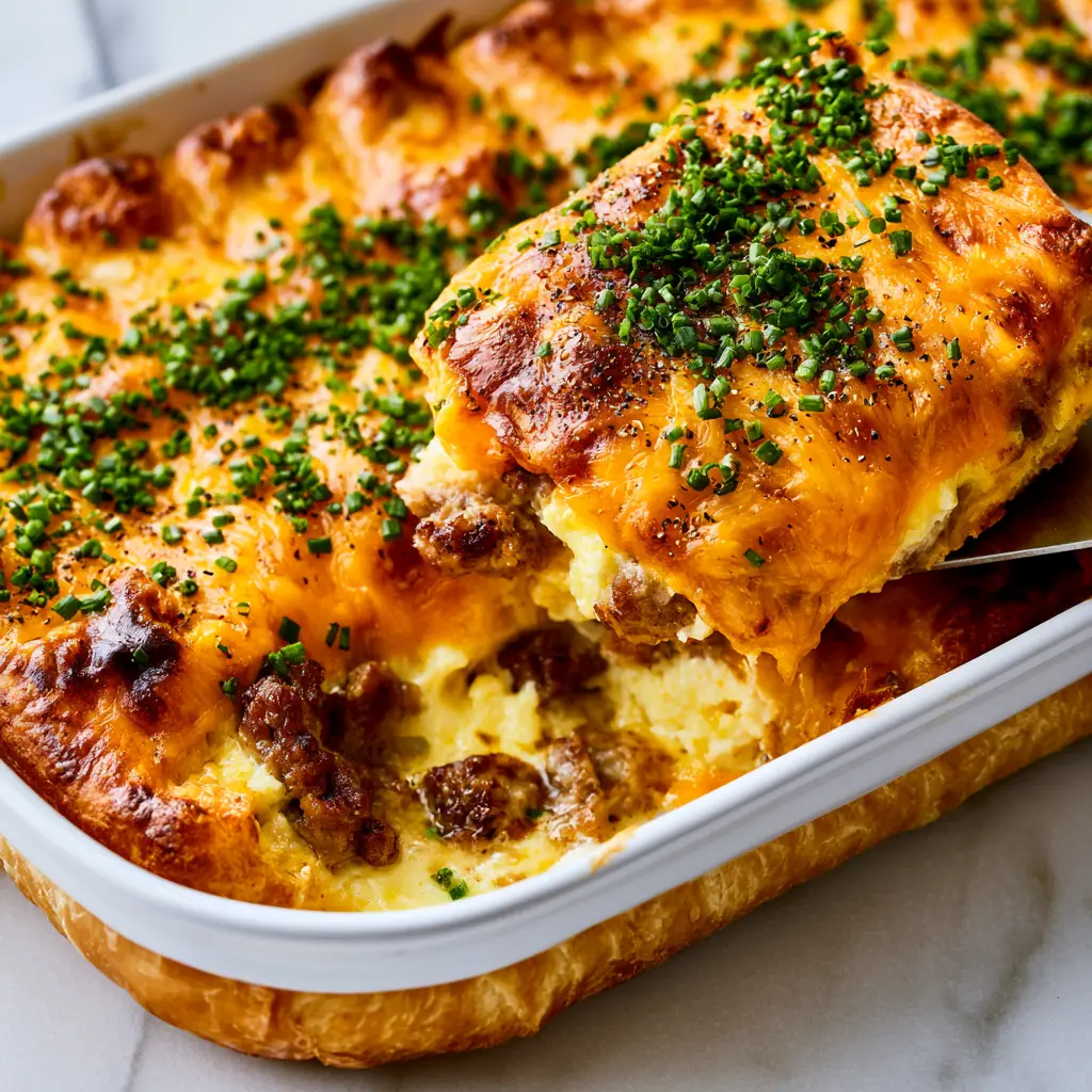 Team Breakfast Recipes: The Ultimate Buttery Crescent Roll Sausage Casserole 1 Layered view of flaky crescent dough, fluffy egg custard, and browned sausage crumbles.