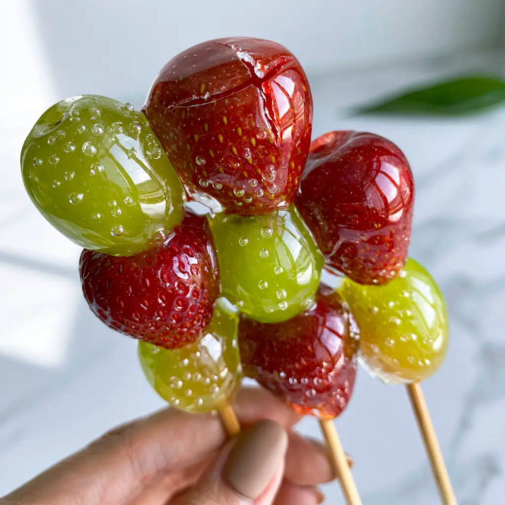Tanghulu: The Ultimate Guide to Perfect Crystal-Clear Candied Fruit 2 Extreme close-up of Tanghulu skewers with vibrant neon-green grapes and deep red strawberries encased in a thin sugar glaze. (Tanghulu)