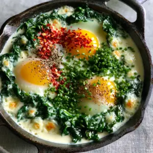 Close up of glossy wilted spinach and ivory cream sauce in a seasoned skillet. (Creamy Spinach and Eggs)