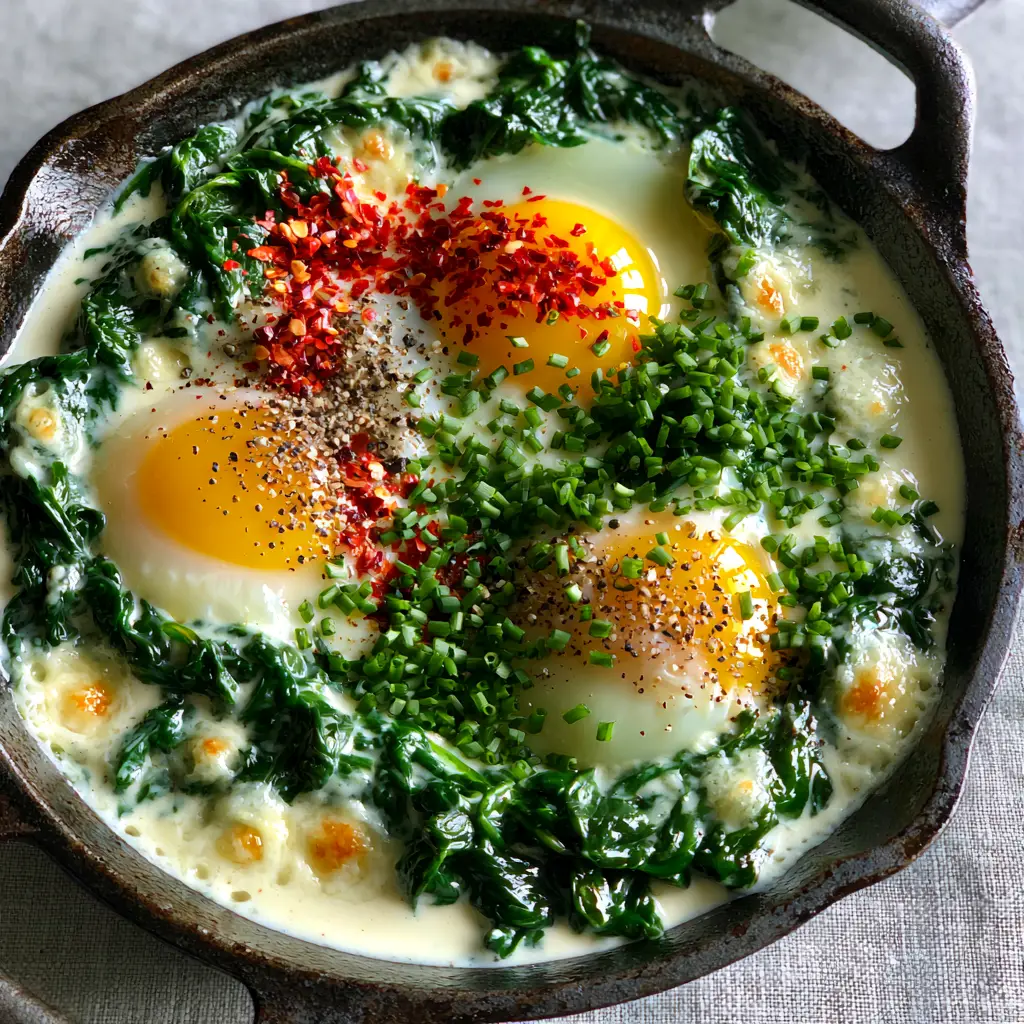 Creamy Spinach and Eggs in a Skillet: A 10-Minute Gourmet Breakfast 2 Close up of glossy wilted spinach and ivory cream sauce in a seasoned skillet. (Creamy Spinach and Eggs)