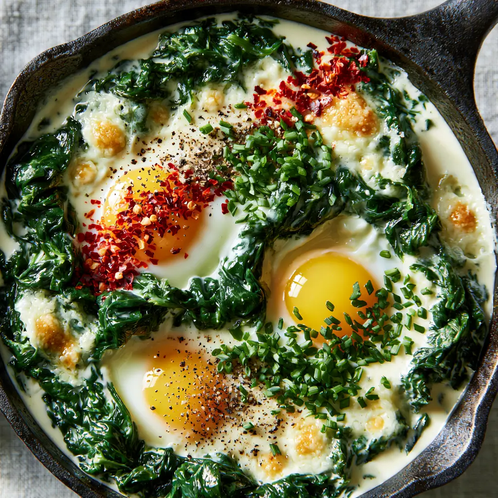 Creamy Spinach and Eggs in a Skillet: A 10-Minute Gourmet Breakfast 1 Three sunny-side-up eggs nestled in a creamy spinach sauce with chili flake garnish. (Creamy Spinach and Eggs)