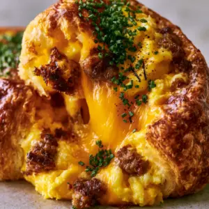 Extreme close-up of golden-brown Breakfast roll-ups with vibrant yellow eggs, browned sausage, and fresh chives. (Breakfast roll-ups)