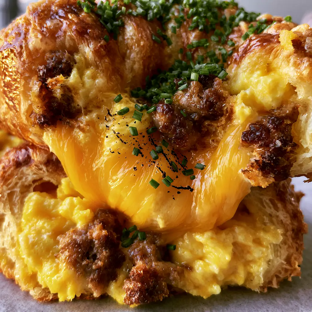 Breakfast roll-ups with Sausage, Egg, and Sharp Cheddar 1 Internal view of a Breakfast roll-up showing the soft scrambled eggs and savory sausage crumbles.