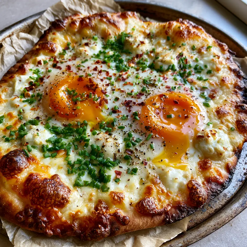 Breakfast Flatbread with Jammy Eggs and Bubbly Mozzarella 2 High-angle view of a thick naan breakfast flatbread with charred edges and vibrant egg yolks. (breakfast flatbread)