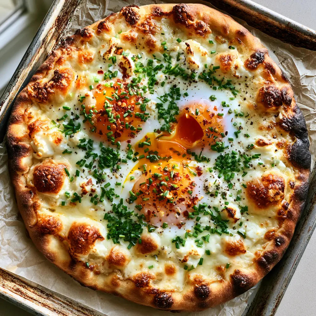 Breakfast Flatbread with Jammy Eggs and Bubbly Mozzarella 1 Close-up of melted mozzarella and feta dollops on a breakfast flatbread garnished with chives.