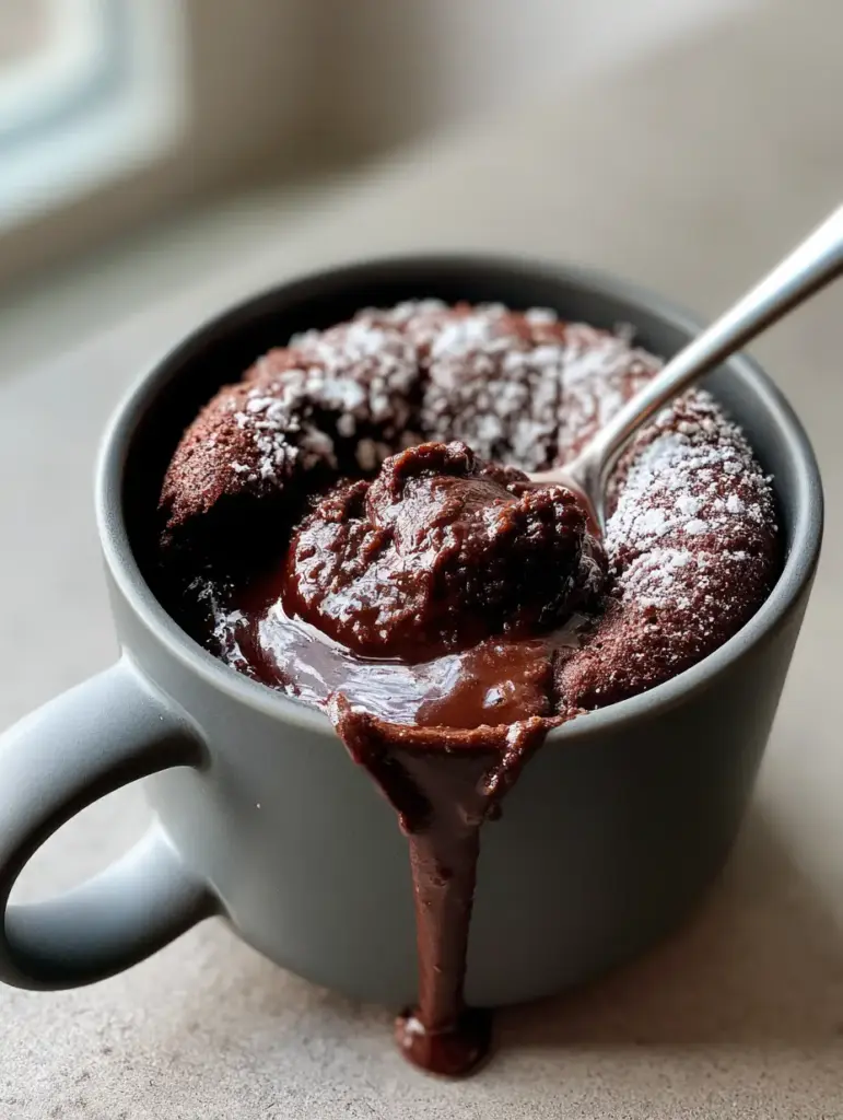 Molten Lava Mug Cake: The Ultimate 5-Minute Glossy Chocolate Fix 2 A handheld smartphone photo showing the moist fluffy texture of a molten lava mug cake on a concrete table.