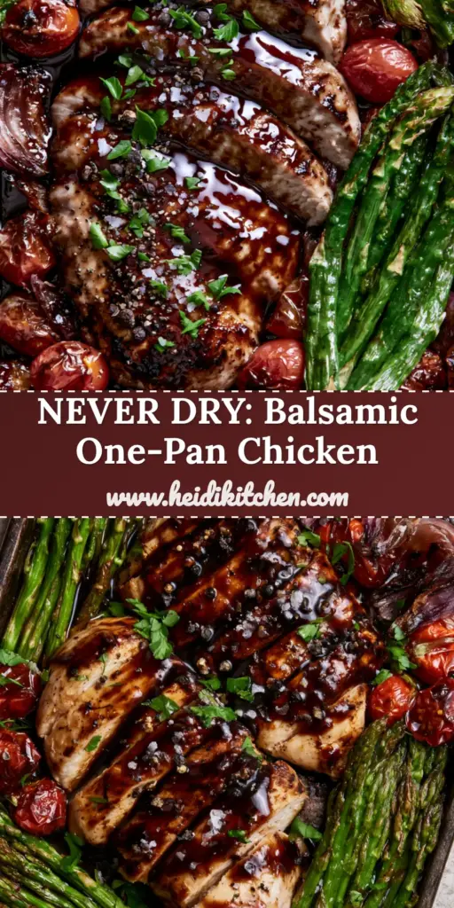 one pan balsamic chicken with Blistered Tomatoes and Roasted Asparagus 4 A close-up shot of one pan balsamic chicken with glistening mahogany glaze, charred cherry tomatoes, and roasted asparagus on a dark sheet pan.