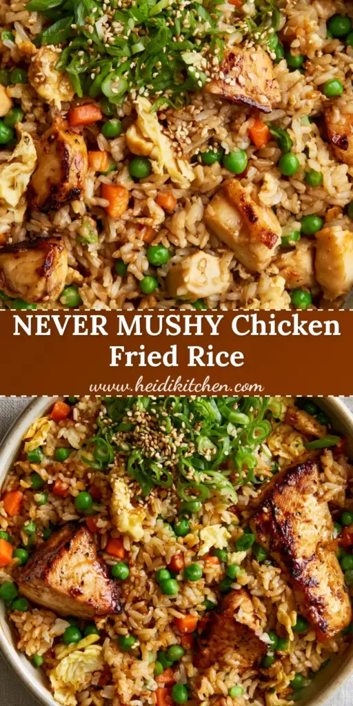 Chicken Fried Rice with Seared Gold-Edged Chicken and Glossy Sesame Glaze 4 A close-up shot of Chicken Fried Rice featuring toasted jasmine grains, seared chicken chunks with charred edges, and bright green peas in a ceramic bowl.