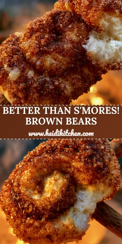 Brown Bears Campfire Snack: The Ultimate Fire-Roasted Sweet Treat 4 A handheld Brown Bears campfire snack held against a twilight fire pit, showing a golden-brown toasted spiral coated in cinnamon sugar. (Brown Bears campfire snack)