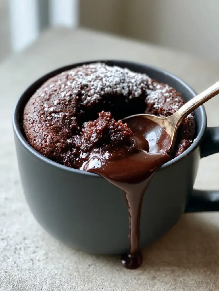 Molten Lava Mug Cake: The Ultimate 5-Minute Glossy Chocolate Fix 1 A spoon scooping a portion of molten lava mug cake revealing a glossy chocolate core flowing down the side.