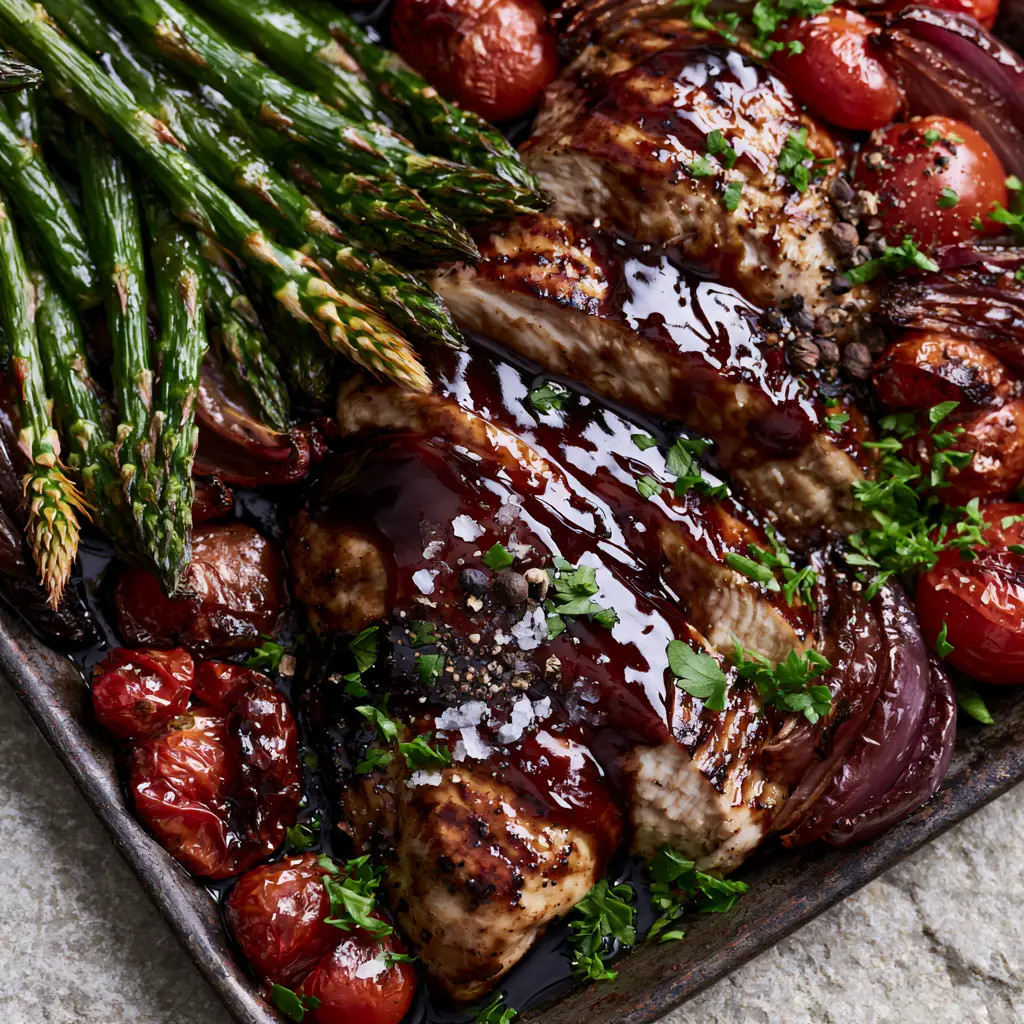 one pan balsamic chicken with Blistered Tomatoes and Roasted Asparagus 2 Top-down macro photography of one pan balsamic chicken showing the thick, reflective mahogany glaze and vibrant green asparagus.