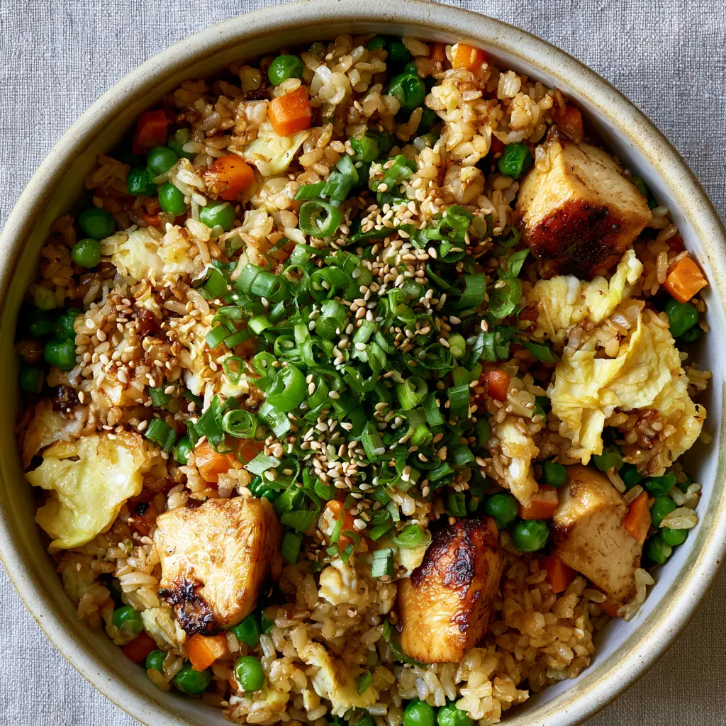 Chicken Fried Rice with Seared Gold-Edged Chicken and Glossy Sesame Glaze 2 Top-down macro shot of Chicken Fried Rice with glossy soy-sesame glaze, scallions, and toasted sesame seeds.