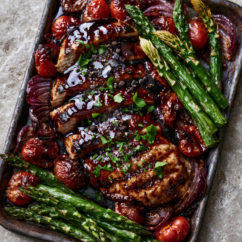 one pan balsamic chicken with Blistered Tomatoes and Roasted Asparagus 1 Detailed view of blistered cherry tomatoes and caramelized red onion petals alongside one pan balsamic chicken.