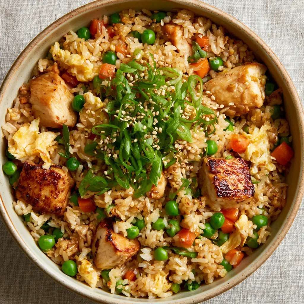 Chicken Fried Rice with Seared Gold-Edged Chicken and Glossy Sesame Glaze 1 Detailed view of individual toasted jasmine rice grains and ragged egg ribbons in Chicken Fried Rice.