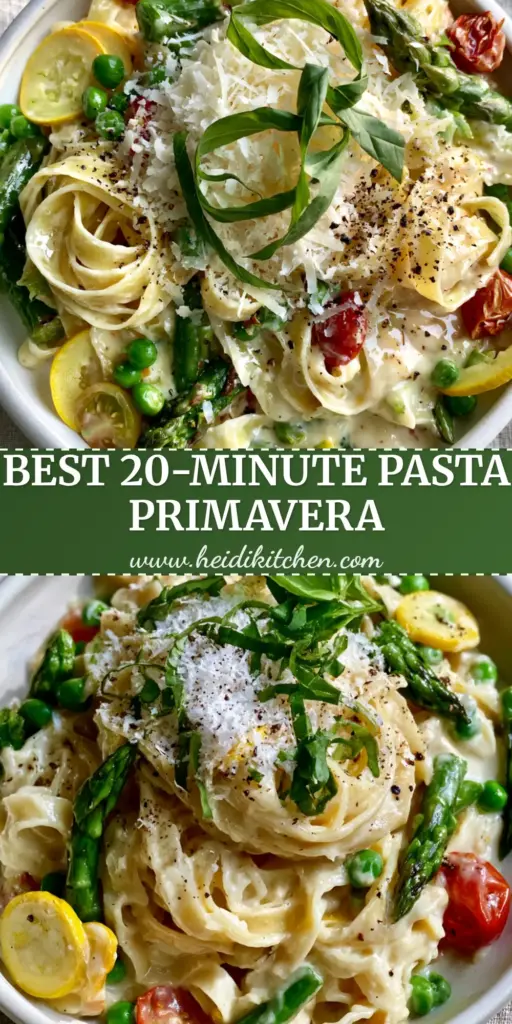 Pasta Primavera with Silky Parmesan Cream and Fresh Spring Vegetables 3 A close-up of creamy pasta primavera in a white bowl featuring fettuccine, asparagus, and cherry tomatoes.
